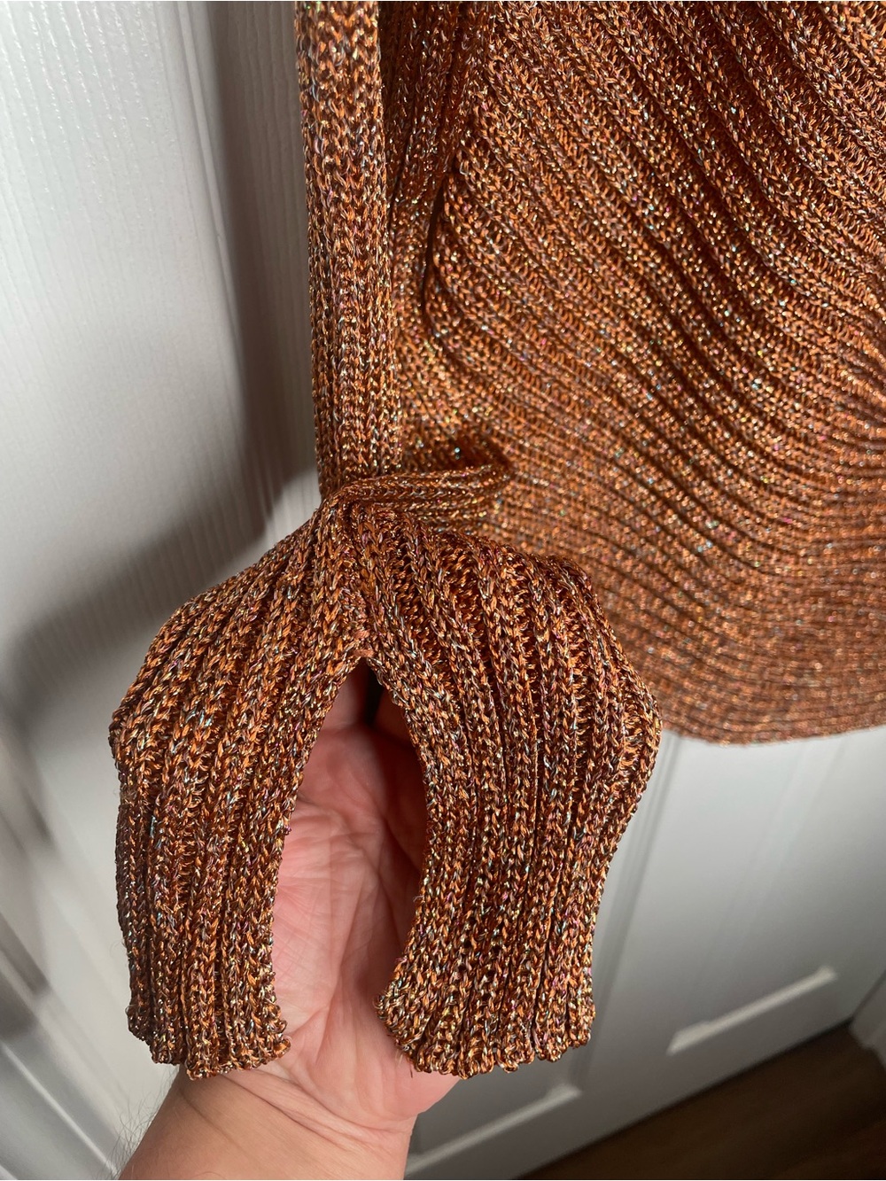 Free People Logan Metallic Knit Asymmetrical Sweater Holiday in Copper/Brown L - Picture 10 of 15